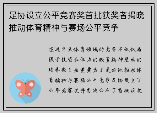 足协设立公平竞赛奖首批获奖者揭晓推动体育精神与赛场公平竞争